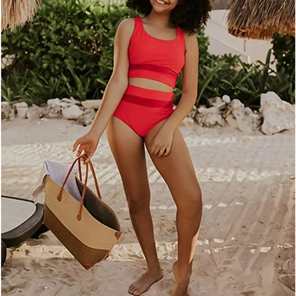Nani Swim Leilani Color Block High-Waist Full Coverage Bottom Red Orange Size M
